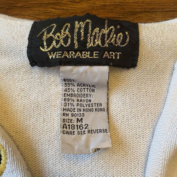 VTG 80s 90s Bob Mackie Wearable Art Embroidered Knit Sweater SZ L Beige Bird - Picture 3 of 7